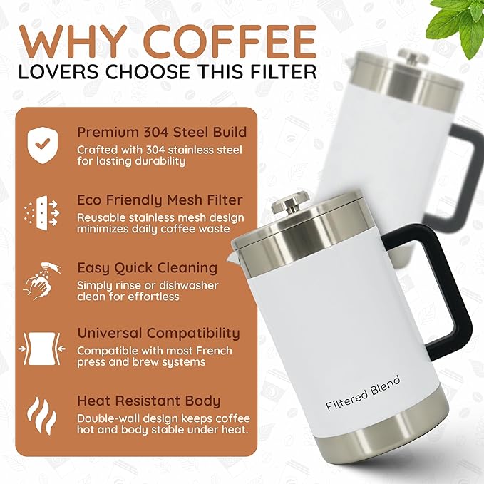 1.6L French Press Coffee Maker 54oz Large Capacity French Press Stainless Steel Brewer with Double Filter Mesh for Kitchen Travel Camping Hot &amp Cold Brew Coffee Maker Gifts (White)