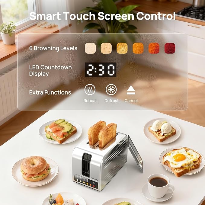 Toaster 2 Slice Consciot Smart Touch Screen Toasters with 6 Browning Levels Timer Reheat/Defrost/Cancel Extra-Wide Slots Removable Crumb Tray Auto Pop-up &amp Anti Jam Peak 925W Stainless Ste