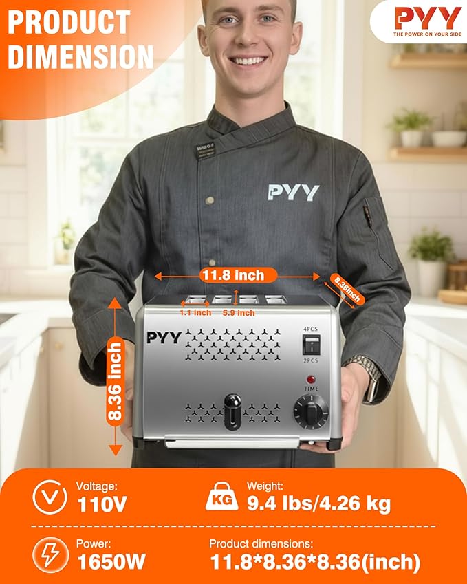 PYY Commercial Toaster 4 Slices with 2/4 Slice Option 120pcs/h 6-Level Setting Toaster with Removable Crumb Tray 1.1 inch Wide Slot for Bagel Bread Stainless Steel for Restaurant Home 1200W