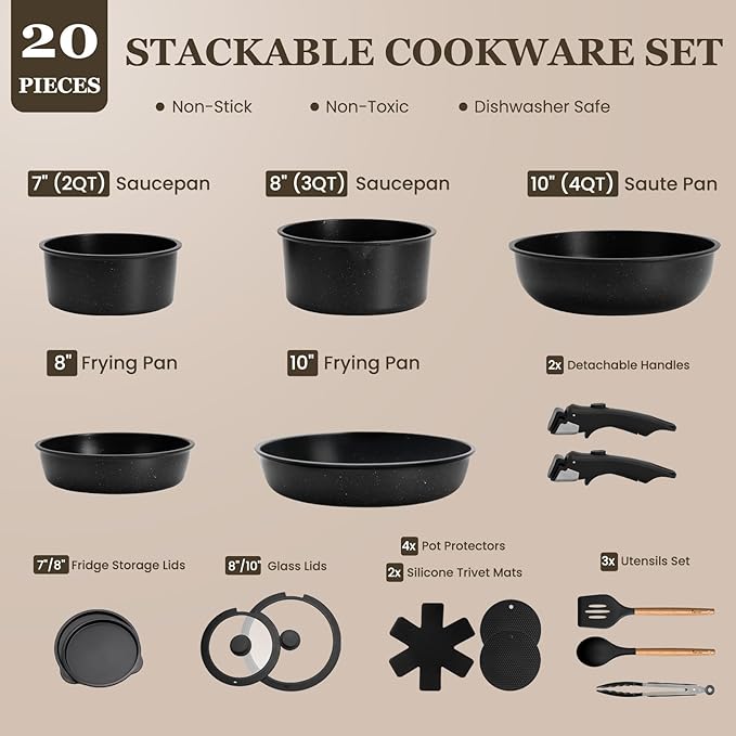 KIKCOIN 20 Pcs Pots and Pans Set Non Stick Detachable Handle Cookware Sets Nonstick Non Toxic Induction RV Kitchen Cooking Set with Removable Handles Dishwasher/Oven Safe Easy Clean (Black)