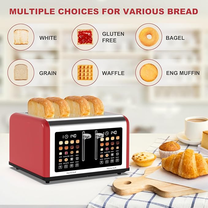 4 Slice Toaster Touch Screen Stainless Steel Toasters Digital Timer Dual Control Panel Toasters 8 Shade Settings 6 Bread Types for Bagel Cancel Defrost 1650W Red