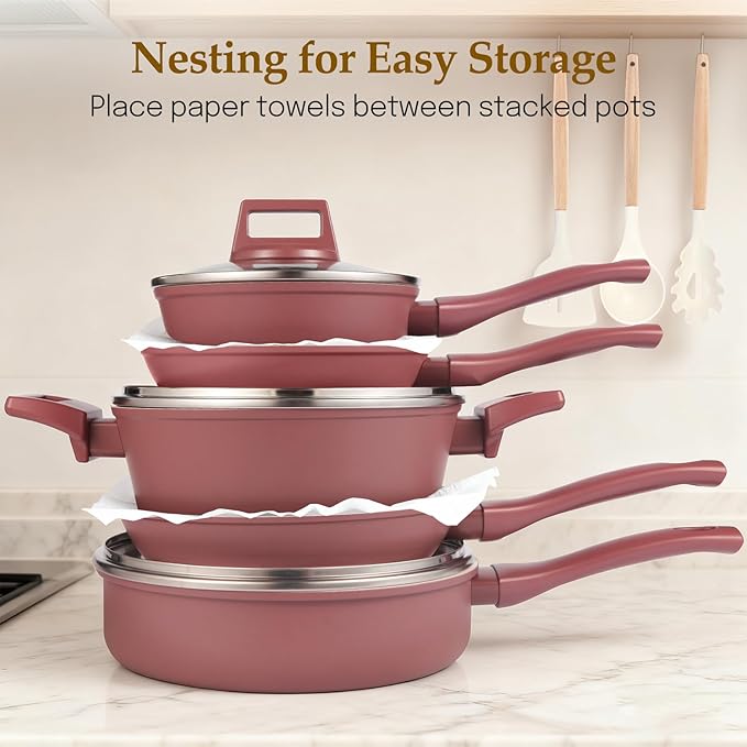 Pots and Pans Set Non Stick 11-Piece Nonstick Induction Cookware Set Non-Toxic Kitchen Cooking Set with Frying Pans Saucepan Stock Pot PFOA Free Red Brown
