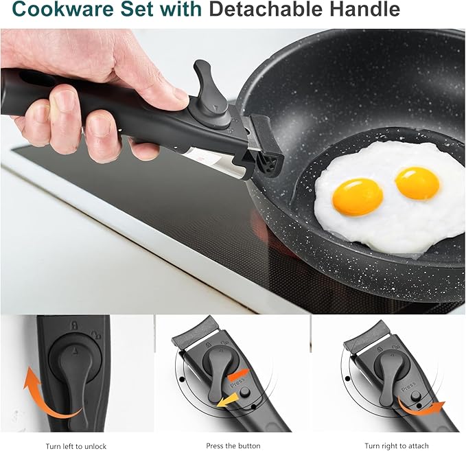 DUMOS 12 Pcs Pots and Pans Set Nonstick Kitchen Cookware Set Induction Cooking Sets Detachable Handle Deep Black