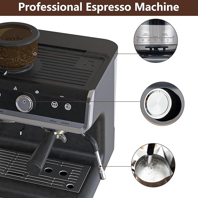 Semi-Automatic Espresso Machine with Built-in Grinder &amp Milk Frother - 20 Bar Pump 95Oz Removable Water Tank 30 Grind Settings Stainless Steel Coffee Maker for Latte/Cappuccino (Home &amp Offi