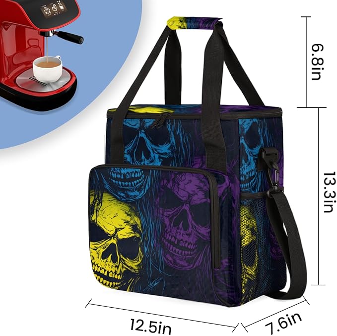 Neon Skull Coffee Maker Carrying Bag Portable Travel Storage Tote Bag Compatible with K-Mini or K-Mini Plus Single Serve Coffee Brewer Carrying Case with Multiple Pockets &amp Shoulder Strap