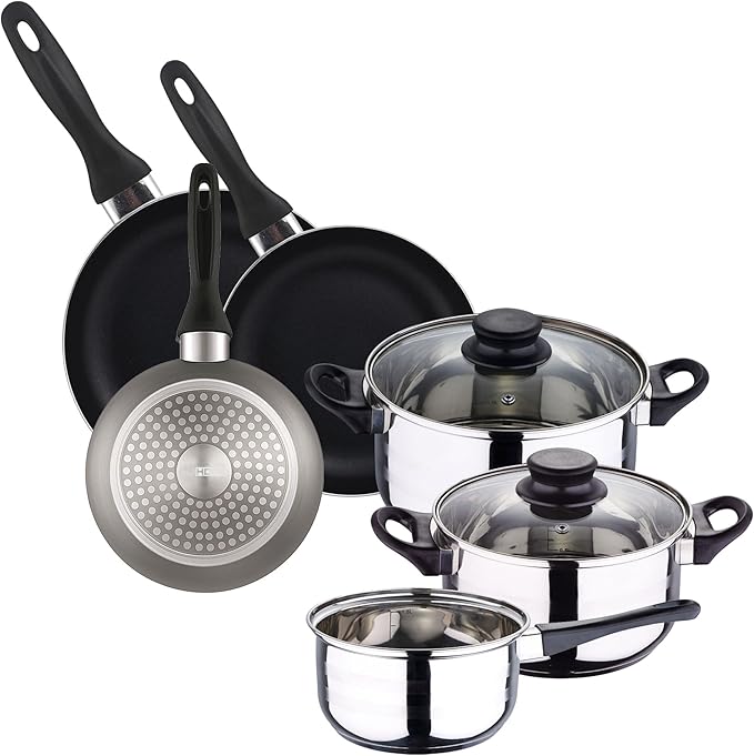 Cookware Set 5 Pieces Stainless Steel + 3-Piece Pan Set Diameter 16 x 20 x 24 cm Pressed Aluminium Metallic Grey