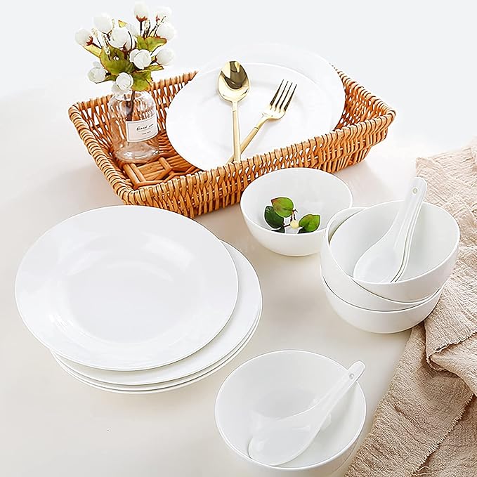 Bone China Dinnerware Set White Porcelain Round Dinner Dining Tableware Combi-Set with Cereal Noodle Bowl Dessert Soup Fish Plates Microwave and Oven Safe