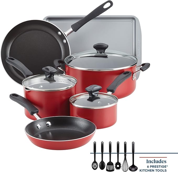 Farberware Cookstart DiamondMax Nonstick Cookware/Pots and Pans Set Dishwasher Safe Includes Baking Pan and Cooking Tools 15 Piece - Red