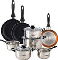 Well Home Cookware Set 8 Pieces Stainless Steel + 3 Pans Diameter 16 x 20 x 24 cm Metallic Bronze Pressed Aluminium