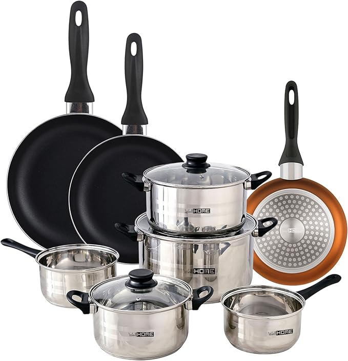Well Home Cookware Set 8 Pieces Stainless Steel + 3 Pans Diameter 16 x 20 x 24 cm Metallic Bronze Pressed Aluminium