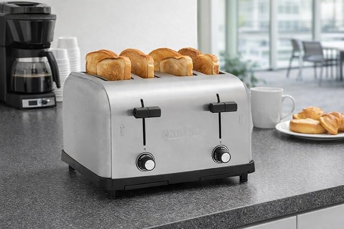 Kratos Commercial Four Slice Pop-Up Toaster 1.5 Wide Slots for Bagels and Special Breads Stainless Steel Countertop Toaster with Two Crumb Trays 120V 1800 Watts ETL Certified (29M-011)