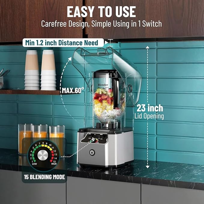 Commercial Professional Blender With Shield Quiet Sound Enclosure 2200W Industries Strong and Quiet Professional-Grade Power Self-Cleaning Silver