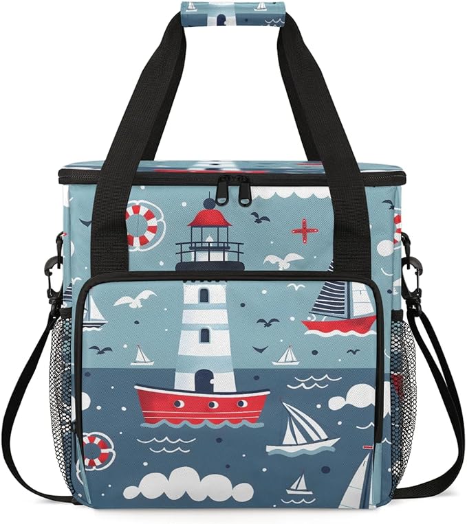 Cartoon Lighthouse Ship Coffee Maker Travel Bag for Keurig K-Mini/K-Mini Plus Insulated Waterproof Tote with Pockets for K-Cup Portable Single-Serve Brewer Case