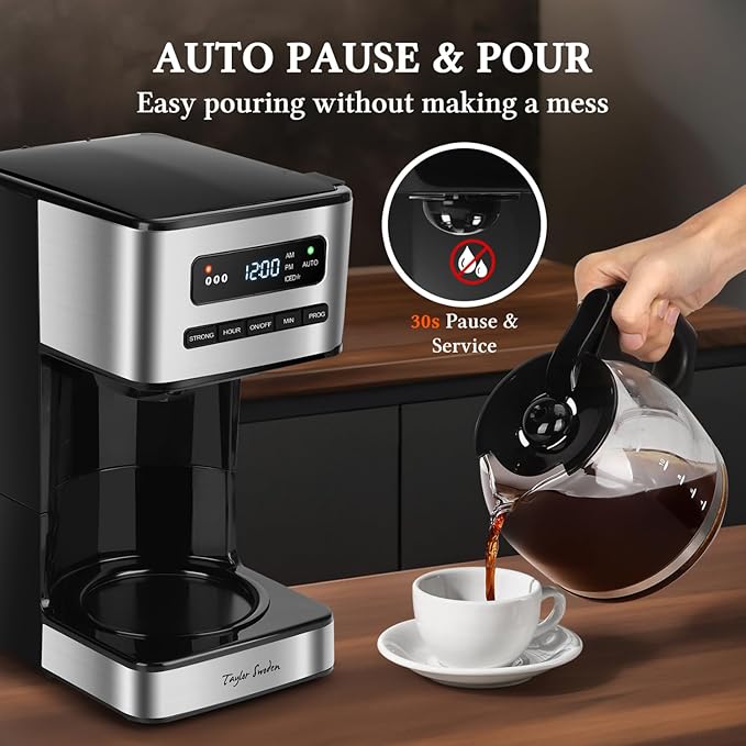 Taylor Swoden Programmable Coffee Makers 12 Cup Hot and Iced Coffee Maker 4 Brew Strength LED Display 24H Timer Keep Warm&ampAuto Shutoff- Drip Coffee Machine for Home/Office Black &ampStainle