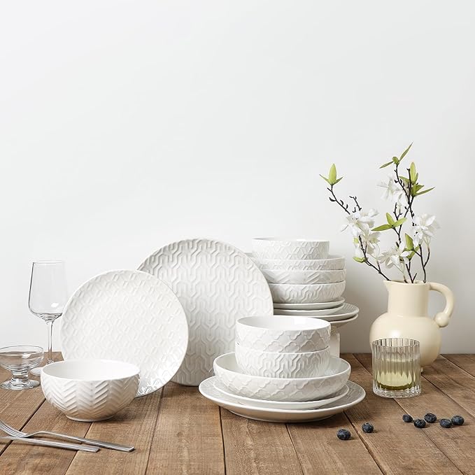 Sureasy Ceramic Dinnerware Set for 4 16 Pieces Embossed Plates and Bowls Sets Scratch Resistant Dish Set Microwave Oven &amp Dishwasher Safe White