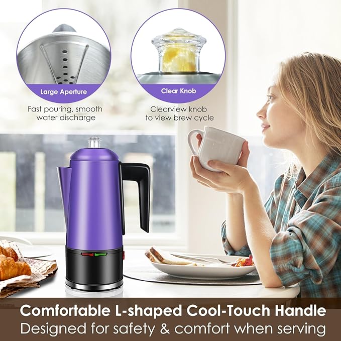 HOMOKUS Electric Coffee Percolator 12 CUPS Percolator Coffee Pot Stainless Steel Percolator Coffee Maker with Clear Knob Cool-touch Handle Auto Keep Warm Function (Purple)