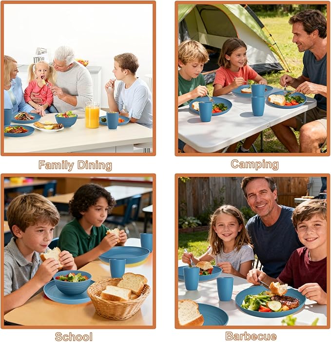 Wheat Straw Dinnerware Sets for 4 Reusable Plastic Dinner Plates Unbreakable Kids Plates and Bowls Sets 20 PCS Dishwasher &amp Microwave Safe Kitchen Camping Dorm Dish Sets- Blue