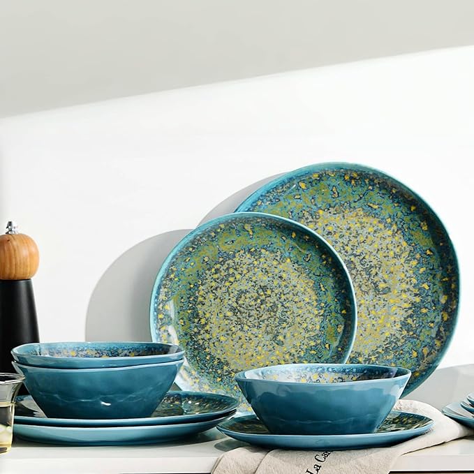 FINE&ampNICE Melamine Dinnerware Set of 12Pcs Dish Set for 4 Lightweight Unbreakable Plates and Bowls Set Great for RVs Camping Dishwasher SafeRusty Blue