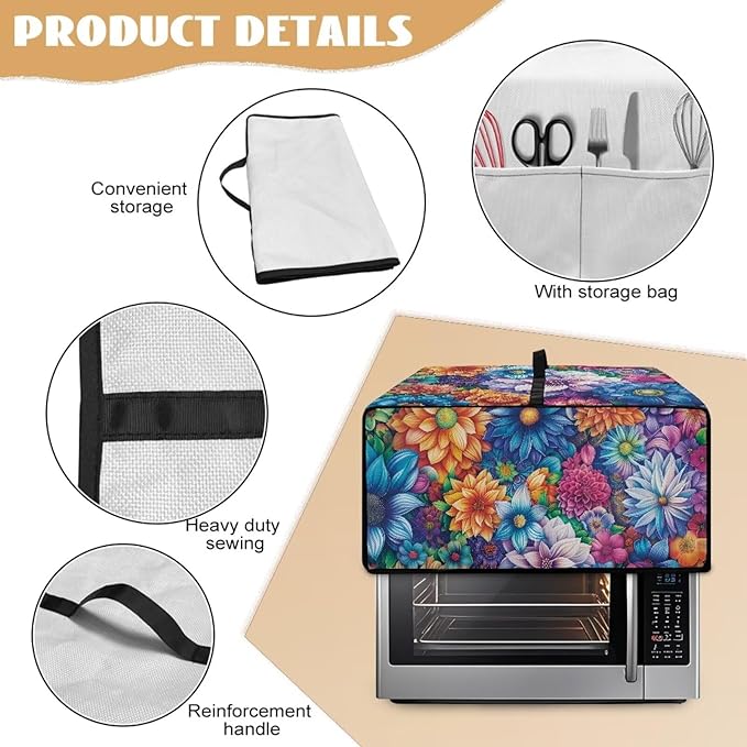 Convection Toaster Oven Cover with Storage Pockets Fits Machines Up to 18.5x14.5x9 Convection Toaster Oven Covers for Family Kitchen Essential Hippie Flower