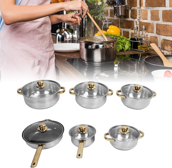 Zerodis Cookware Set Stainless Steel Kitchen Household Cookware Combination Set Pot Frying Pan Saucepan Set Glass with Powerful Thermal Conductivity for Home Kitchen Restaurant (Gold