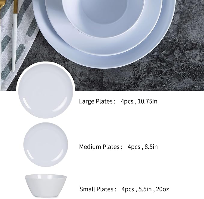 Melamine Dinnerware Set - 12pcs Plates and Bowls for 4Durable Melamine Dishes Set for Everyday Use Lightweight &amp Dishwasher SafeWhite