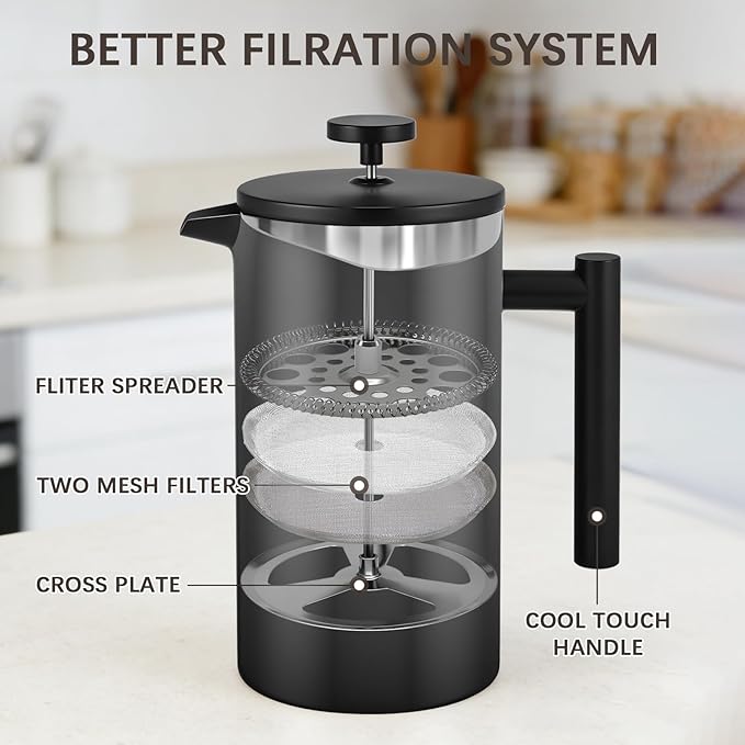 French Press Coffee Maker 304 Grade Stainless Steel French Press with 2 Extra Filters for Home Office Travel Camping - 34OZ/2 Litre (Black)