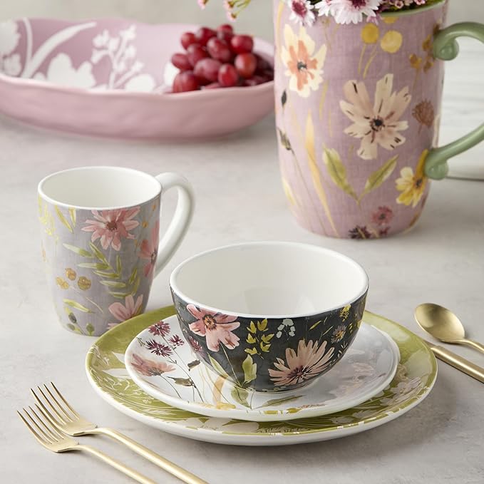 Wildflowers Ceramic 16-Piece DINNERWARE SET SERVICE for FOUR with Floral Watercolor Dinner Plates Salad Plates Mugs and Ice Cream Bowls Artistic Garden-Inspired Botanical Tableware