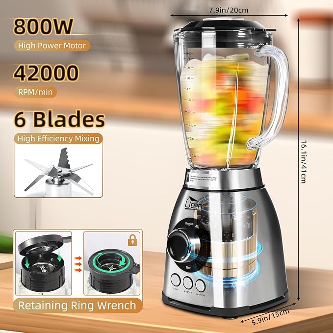 Uten 800 Watt Fast Countertop Blender for Smoothies and Shakes Ground Coffee Beans 60 Oz Glass Jar 18 Speed Levels 3 Programs Ice Crush Smoothie Pulse