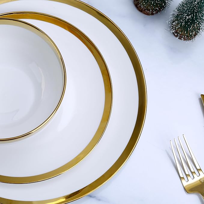 12-Piece Porcelain Dinnerware Set Service for 4White Bone China Plates &amp Bowls with Gold Trim Oven &amp Dishwasher Safe Chip Resistant White Gold Dinnerware Sets