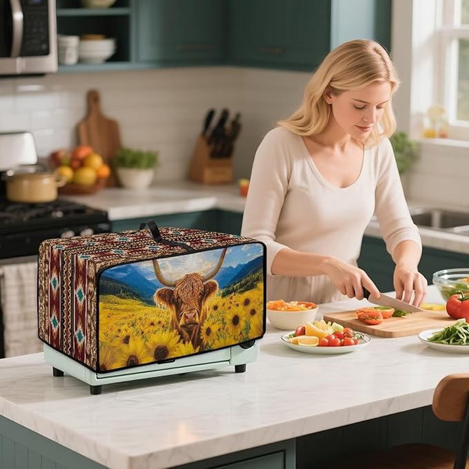 Highland Cattle Sunflower Print Toaster Oven Dust Cover for Kitchen Counter Aztec Print Heavy Duty Heat-resistant Air Fryer Oven Protective Cover (Large-18.5×22.5×12.99 inches)