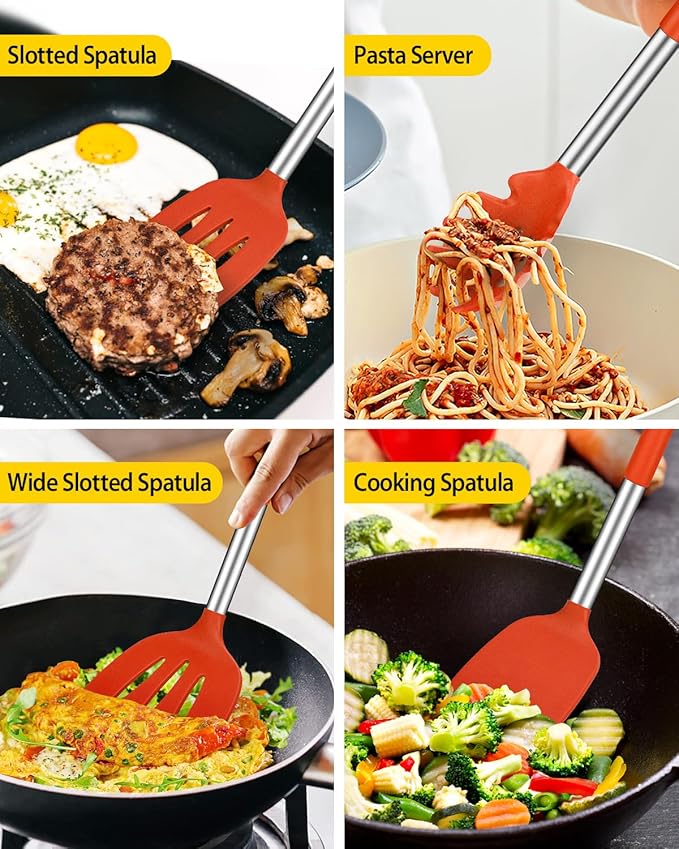 Silicone Cooking Utensil Set 8Pcs Non-stick Cookware with Stainless Steel Handle BPA Free Heat Resistant Kitchen Tools with Spatulas Turners Spoons Skimmer and Pasta Fork (RED)