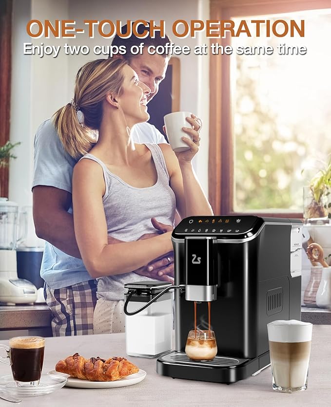 IDEALHOUSE Fully Automatic Espresso Machine Touchscreen Coffee Maker w/Built-in Grinder Auto Milk Frother for Latte Cappuccino 1.5L Water Tank &amp Dual Boiler Heating Black/Silver 120V 1350W