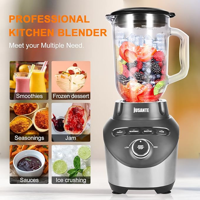 Blender with 64 oz Glass Jar - 1200W High Speed Juicer Blender for Smoothies Shakes &amp Frozen Drinks (Black)