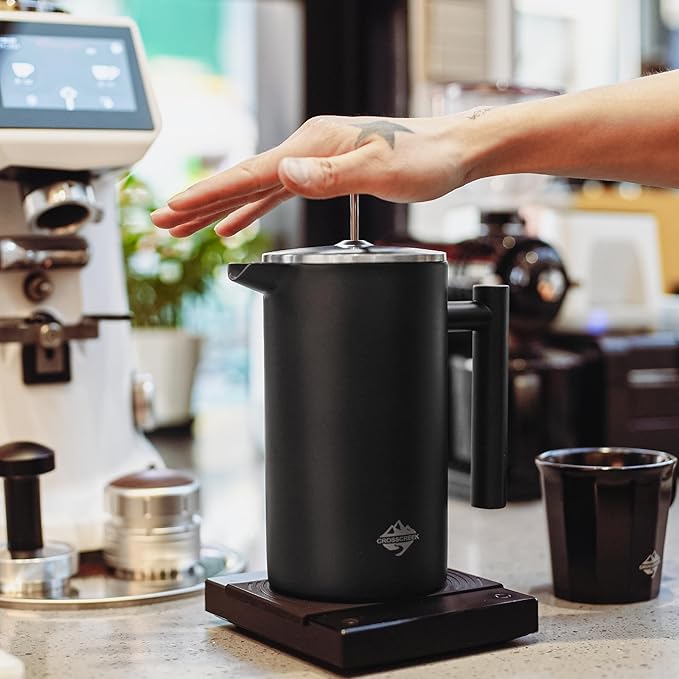French Press Coffee Maker 304 Stainless Steel Coffee Press 34oz (4 cups) Tea maker with 60g Coffee Canister Double Wall French Presses with Heat Preservation Dishwasher Safe Black