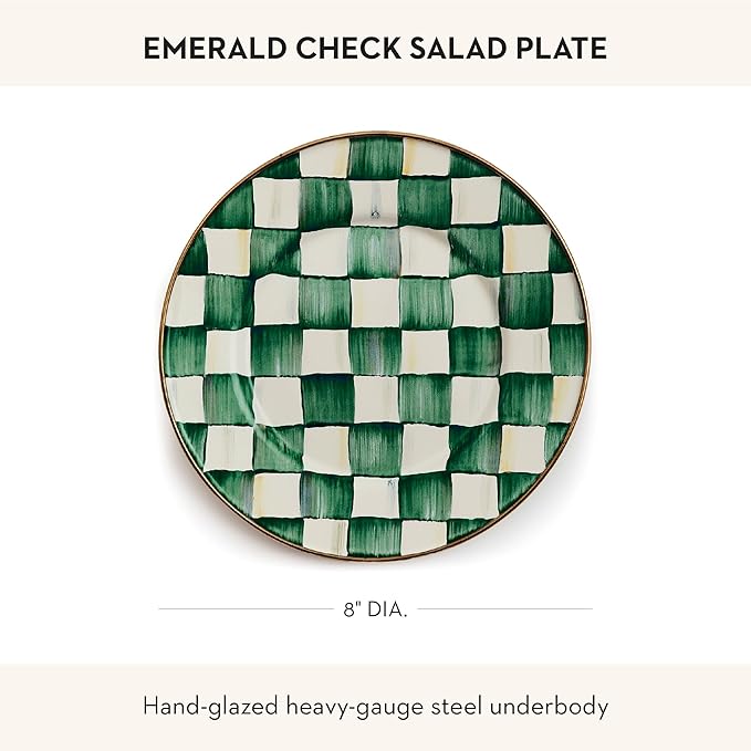 MACKENZIE-CHILDS Enamel Salad and Dessert Plate Small Plate for a Dessert or Appetizer Dish 8 Inches Green-and-White Emerald Check