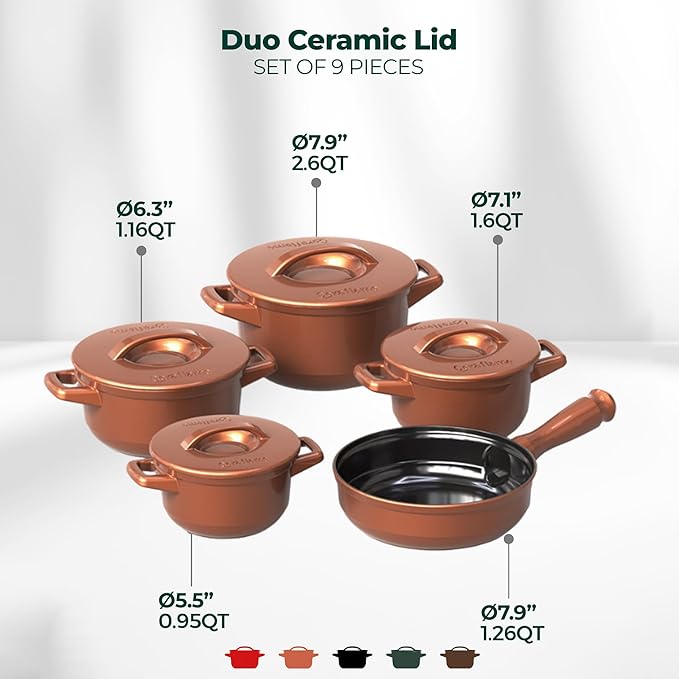9 Piece Cookware Set Shiny Caramel with Ceramic Lid - Non-toxic Cookware Casserole and Frying Pan Set for Healthy Cooking Dishwasher Safe