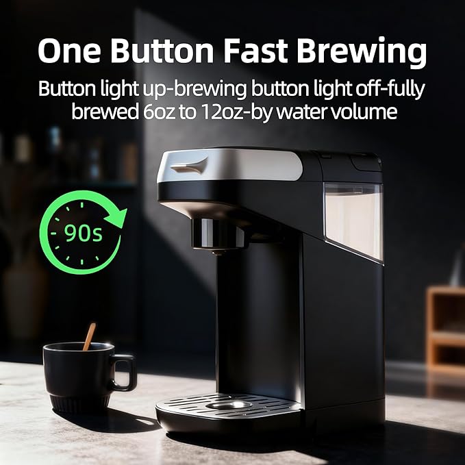 Small Single Serve Coffee Maker for K Cup and Ground Coffee Fast Brew One Cup Coffee 6 to 12 oz. Brew Sizes Machine with Descaling Reminder and Water Window Black