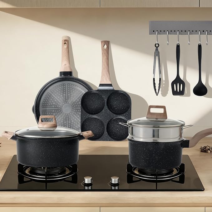 DUMOS 25 Pcs Pots and Pans Set Nonstick Kitchen Cookware Set Induction Cooking Sets with Stay-Cool Handles Black