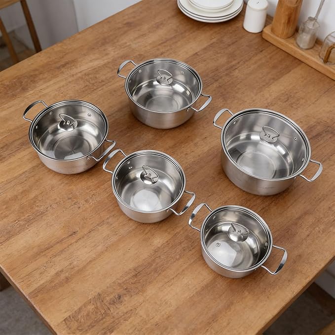 SUS Stainless Steel Cookware Set Kitchen Cooking Pots Set with Glass Lids for Everyday Cooking 18 to 26cm