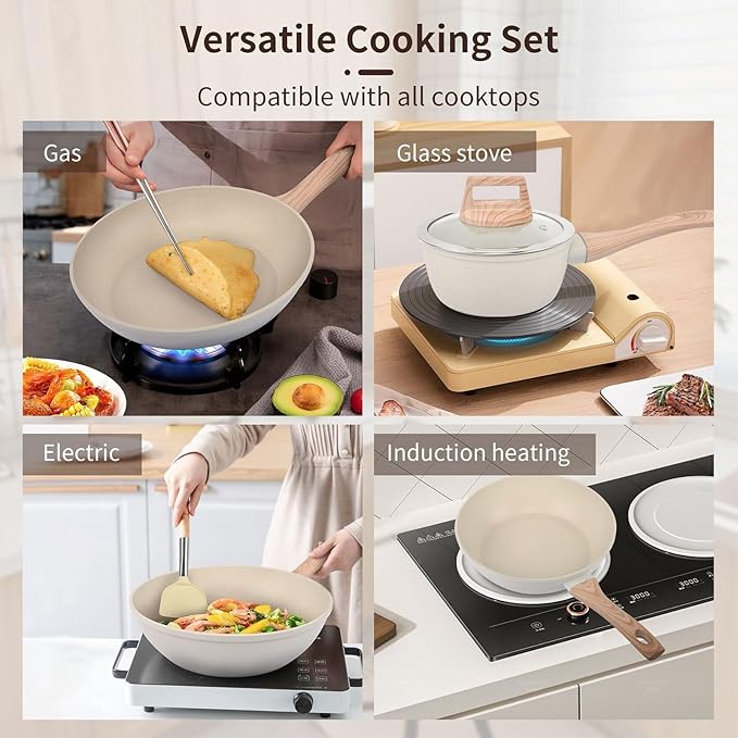 10 Piece Nonstick Cookware Set Frying Pan Saucepan Saute Pan Steam Rack Sturdy Scratch Resistant Coating Even Heat Distribution Modern Design for Home Cooks (White)