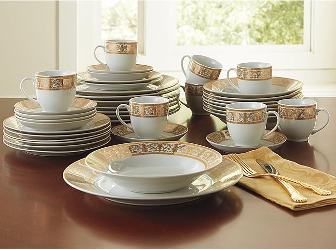 BrylaneHome 40 Piece Medici Porcelain Dinnerware Set (Service For 8) Includes Dinner &amp Dessert Plates Bowls Cups &amp Saucers Elegant Gold Rim Pattern - Gold White