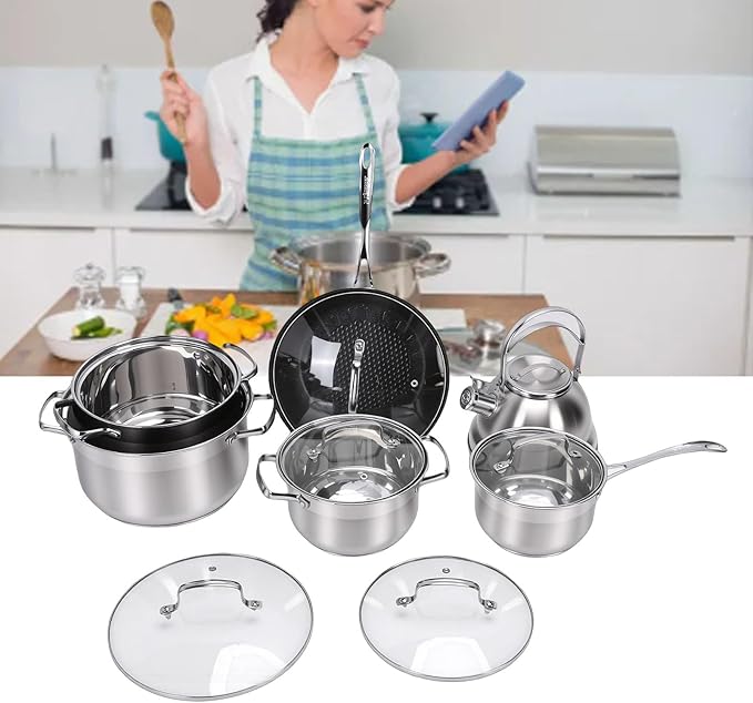 Zerodis Induction Cooker Pot Kit Stainless Steel Cookware Set Premium Flat Bottom Pots Heat Handles Kits with Kettle Spatula Spoon for Kitchen Cooking