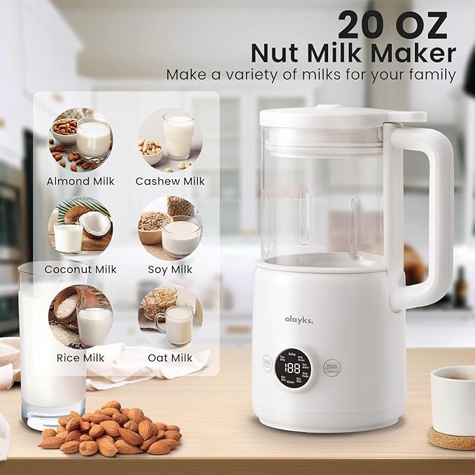 olayks Nut Milk Maker Machine 20oz Automatic Soy Milk Maker with 12 Blades for Homemade Soy Oat Almond Plant Based Milk and Non Dairy Beverages Delay Start/Self-Cleaning/Boil Water with Recipe