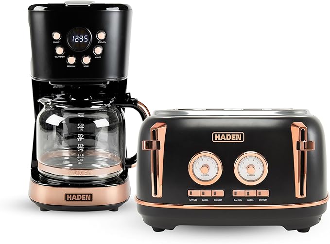 Haden Dorset 4 Slice Wide Slot Stainless Steel Toaster Bundled with 12 Cup Programmable Drip Coffee Maker Coffee Machine Black &amp Copper