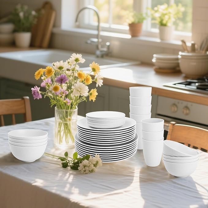 Wheat Straw Dinnerware Sets - 40 PCS Unbreakable Plates and Bowls Sets Service for 8 Kitchen Dishes Set Dinner Plates Cereal Bowls Cups Set Camping Dish Dishwasher &amp Microwave Safe - White