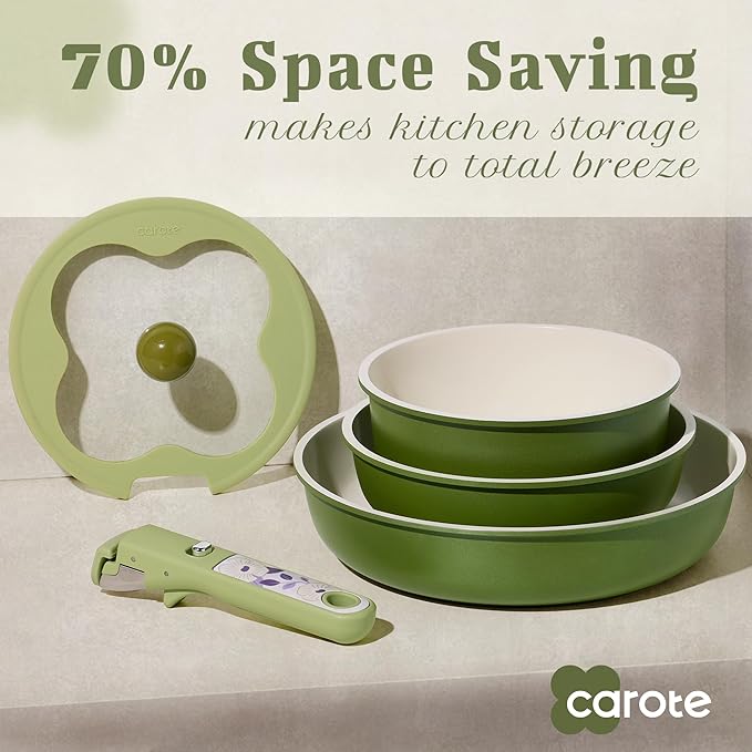 CAROTE 11pcs Ceramic Cookware Set Pots and Pans Set Non stick Induction Kitchen Cookware with Removable Handle RV Dishwasher ＆ Oven Safe RV/Camping Cookware PFOA Free Green