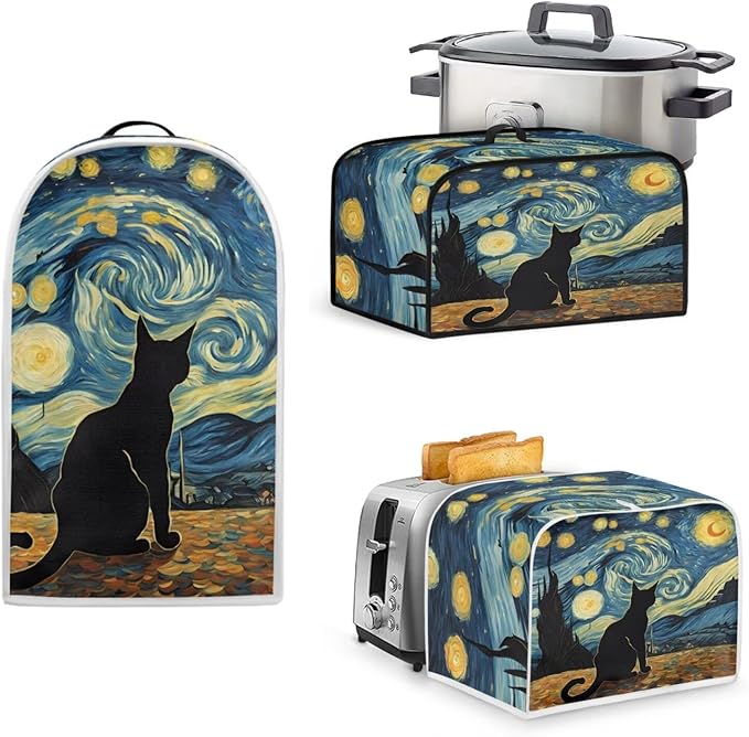 Starry Night Cat Decoration Slow Cooker Cover Toaster Cover Blender Covers SetFit 6-8 qt Slow Cooker Bread Machine Dust Cover Fits for Most Standard 2 Slice ToastersMachine Washable(Blue)