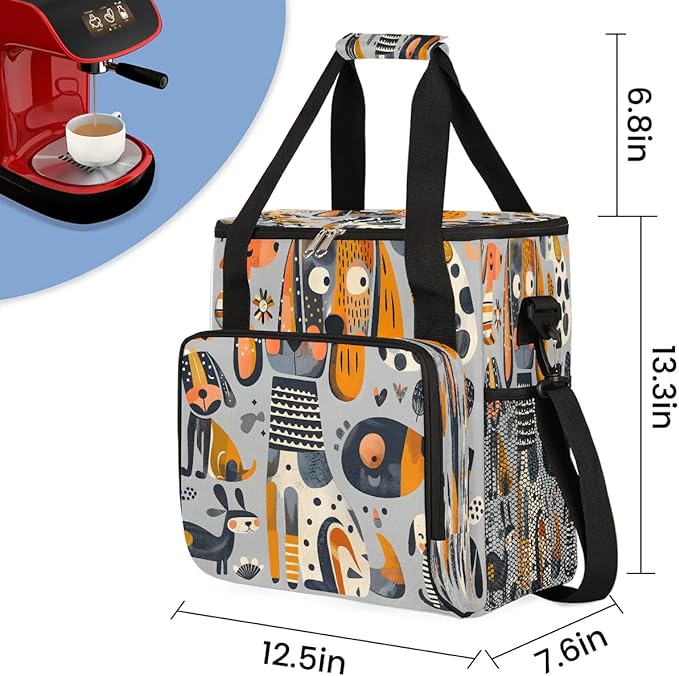 Geometric Cartoon Dog Coffee Maker Travel Bag for K-Mini or K-Mini Plus Single Serve Coffee Brewer Portable Storage Tote Case for Tarvel