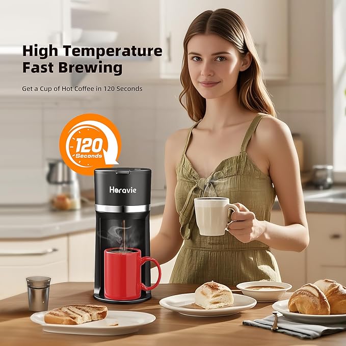Mini Single Serve Coffee Maker for K Cup and Ground Coffee Fast Brew One Cup Coffee Machine with Descaling Reminder and Water Window 6 to 12 oz. Brew Sizes Black