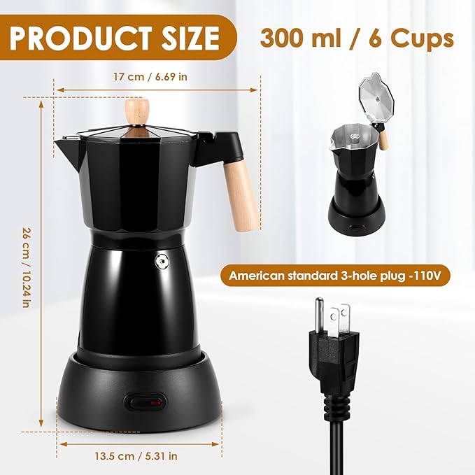 SHANGSKY Coffee Pot Electric Coffe Maker 6 Cup Espresso Coffee Maker Cafeteras Electricas Italian Coffee Pot Espresso Makers Portable Aluminum Electric Mocha Pots (Wooden HandleUS 3-pin Plug)